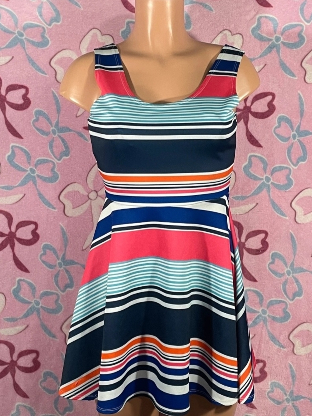 Derek Heart Navy, Pink, Teal & Orange Striped Mini Dress